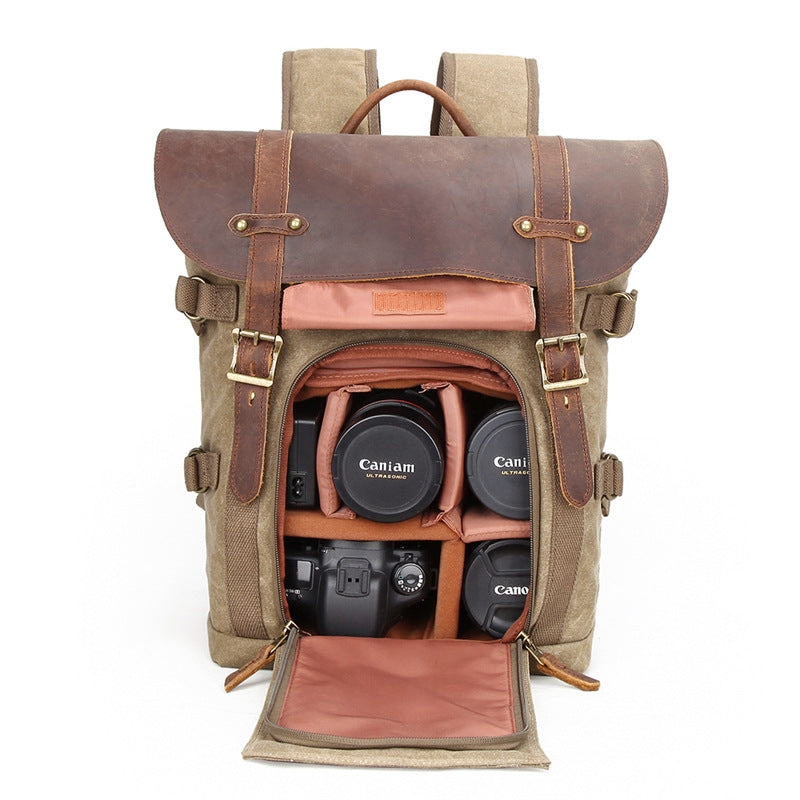 Waxed Canvas Camera Backpack with Leather Accents