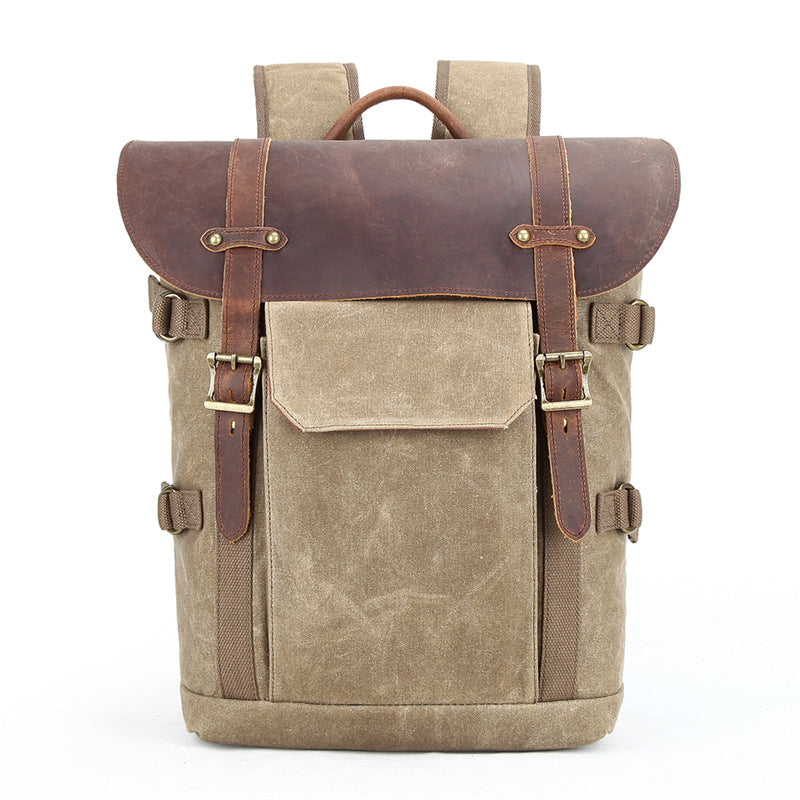 Waxed Canvas Camera Backpack with Leather Accents