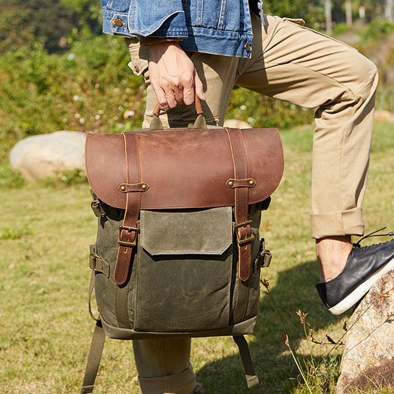 Waxed Canvas Camera Backpack with Leather Accents