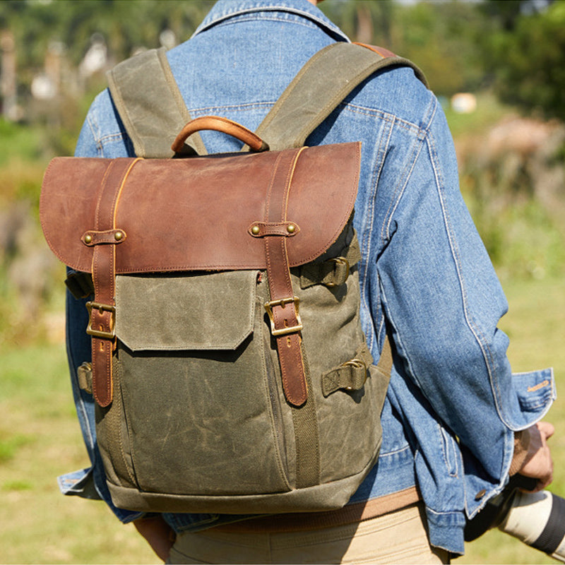 Waxed Canvas Camera Backpack with Leather Accents
