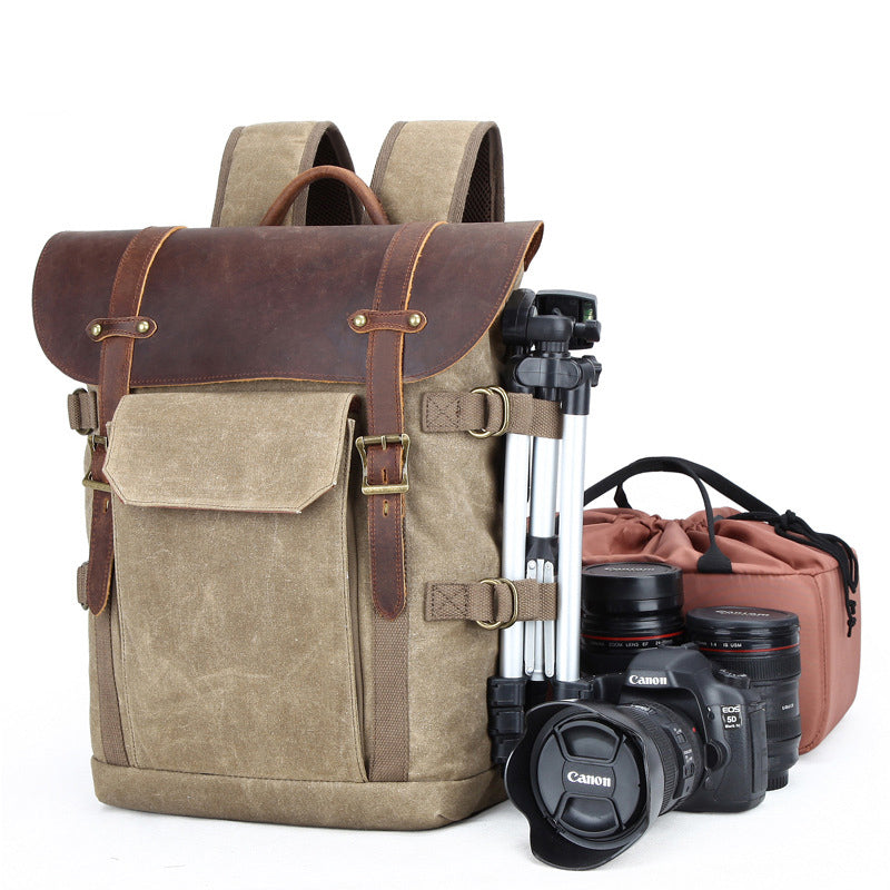 Waxed Canvas Camera Backpack with Leather Accents
