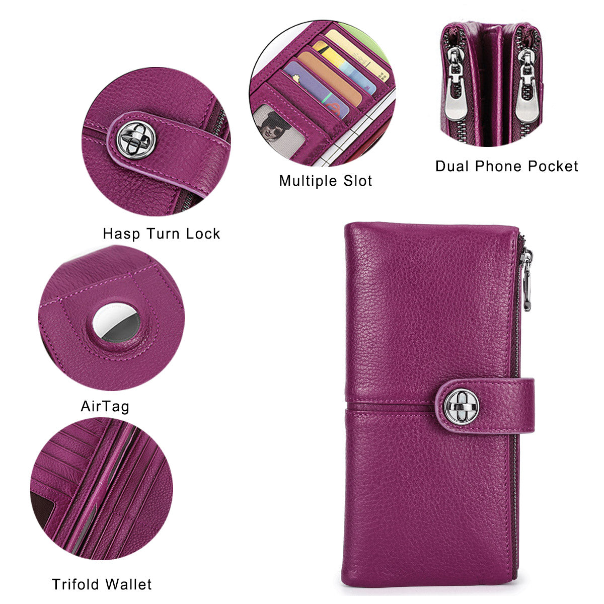 Women's Leather Trifold Wallet with AirTag