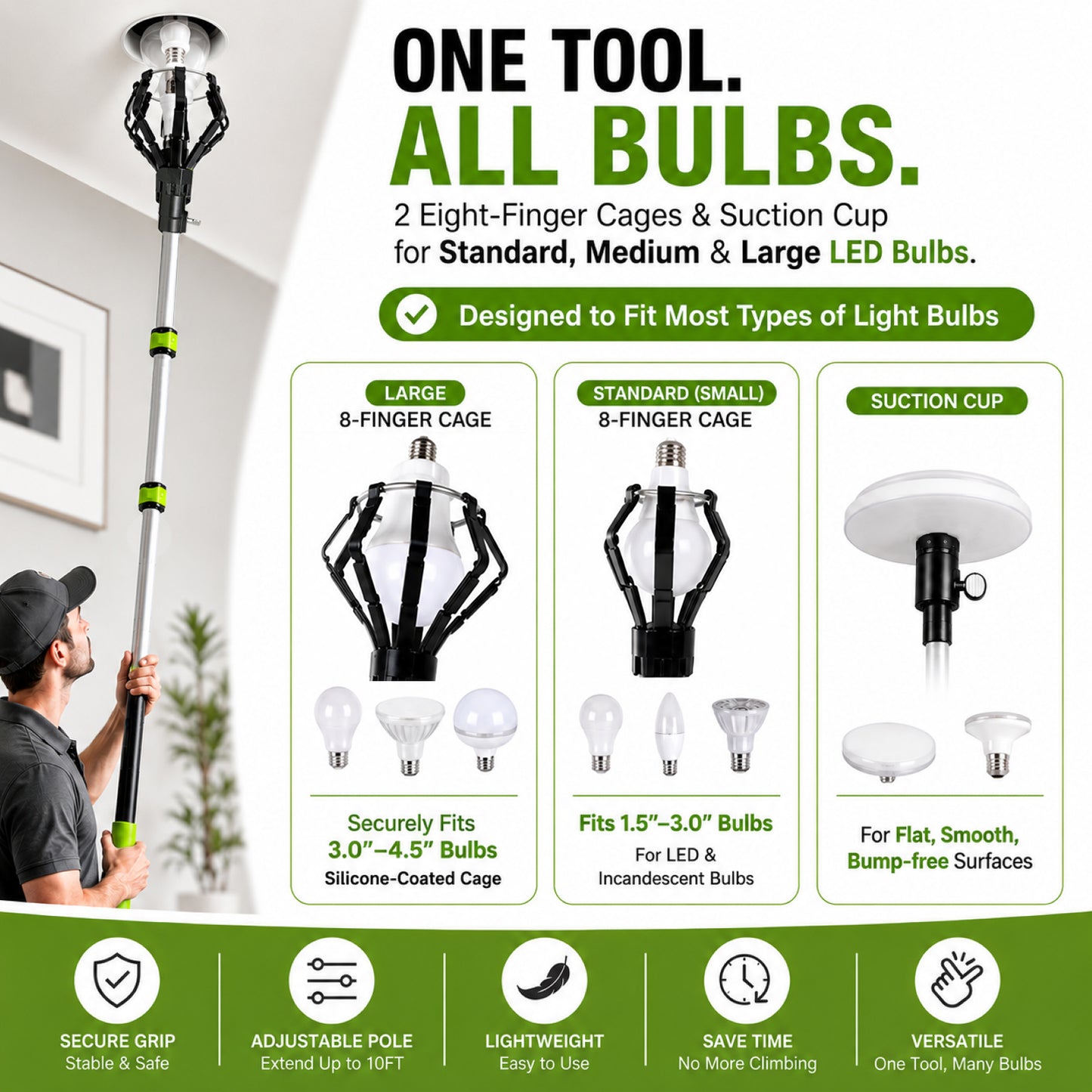 26FT Reach Telescopic Light Bulb Changer Pole Kit | 3-in-1 Smart Bulb Removal Tool with Suction Cup & Baskets