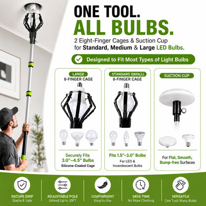 26FT Reach Telescopic Light Bulb Changer Pole Kit | 3-in-1 Smart Bulb Removal Tool with Suction Cup & Baskets