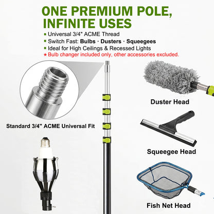 26FT Reach Telescopic Light Bulb Changer Pole Kit | 3-in-1 Smart Bulb Removal Tool with Suction Cup & Baskets