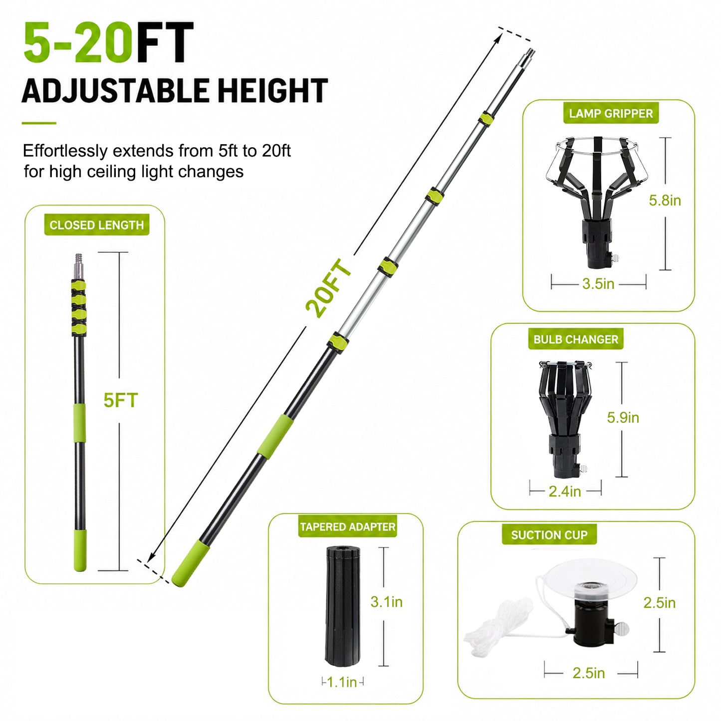 26FT Reach Telescopic Light Bulb Changer Pole Kit | 3-in-1 Smart Bulb Removal Tool with Suction Cup & Baskets
