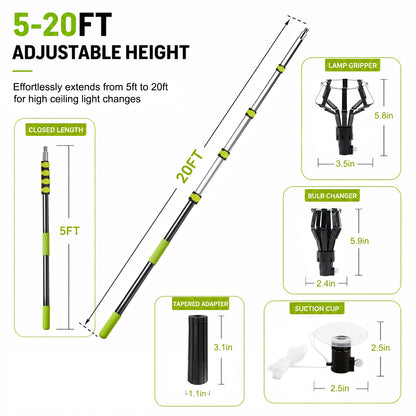 26FT Reach Telescopic Light Bulb Changer Pole Kit | 3-in-1 Smart Bulb Removal Tool with Suction Cup & Baskets