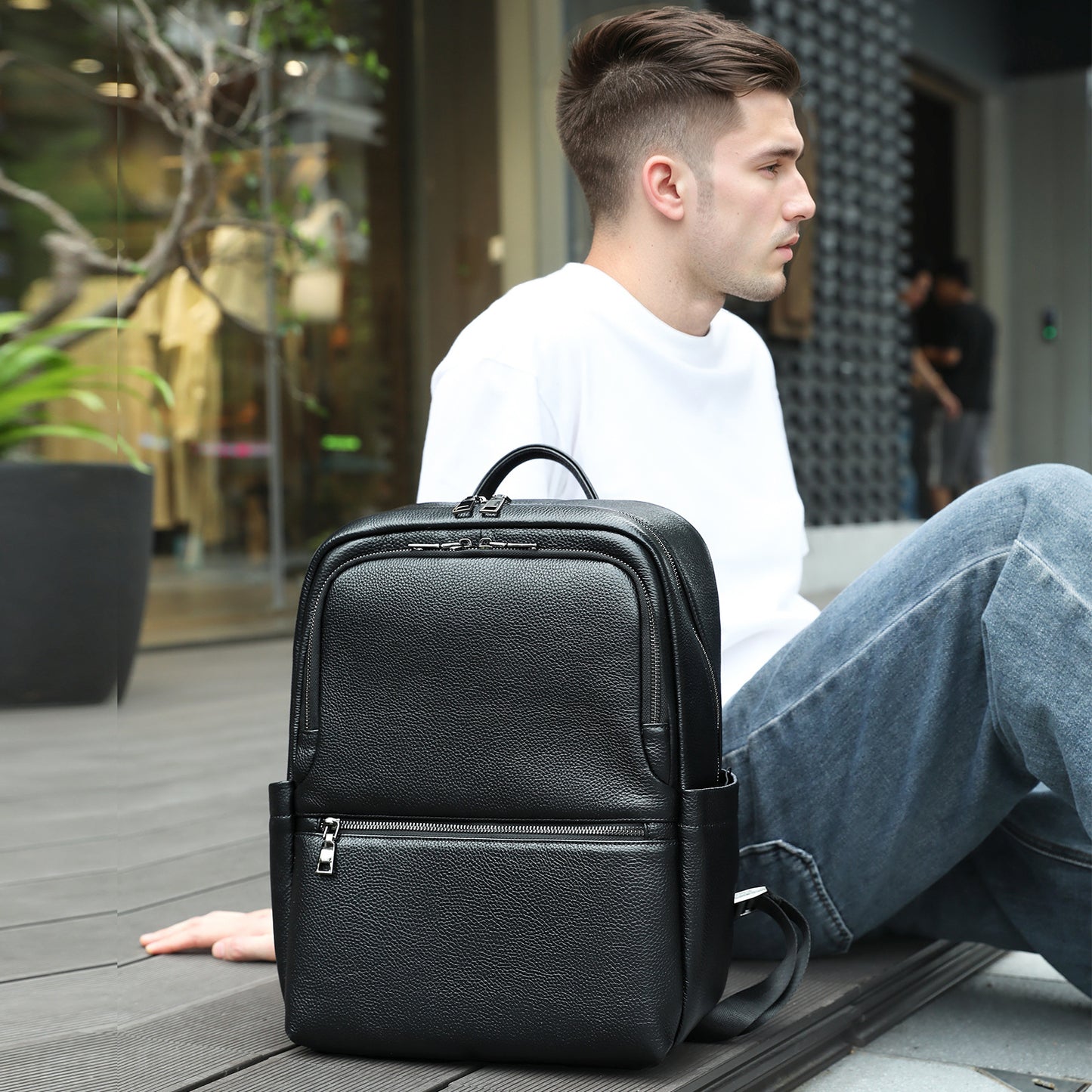 Black Leather Laptop Backpack