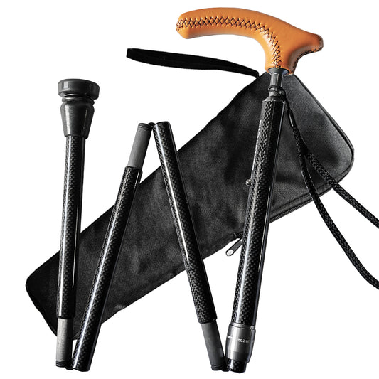 Folding Carbon Fiber Cane With Carry Bag - 5 Adjustable Heights, Leather Handle