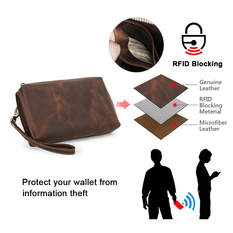 Genuine Leather RFID Card Wallet with Wrist Strap