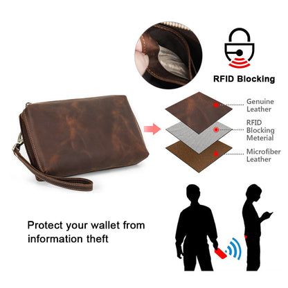 Genuine Leather RFID Card Wallet with Wrist Strap