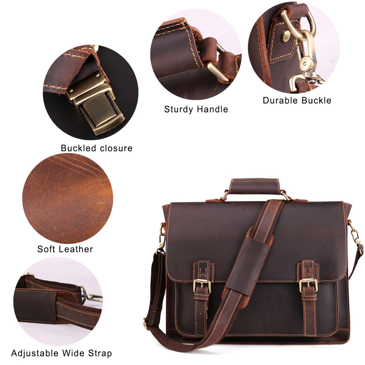 Leather Briefcase for Men and Women, Fit 15.6-inch Laptop