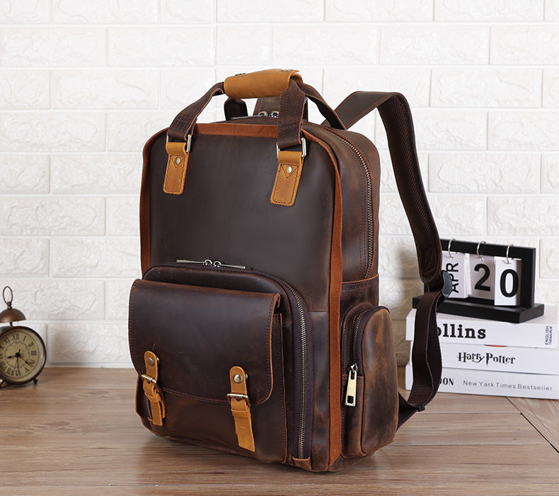 Vintage Leather Camera Backpack with 15.6" Laptop Compartment