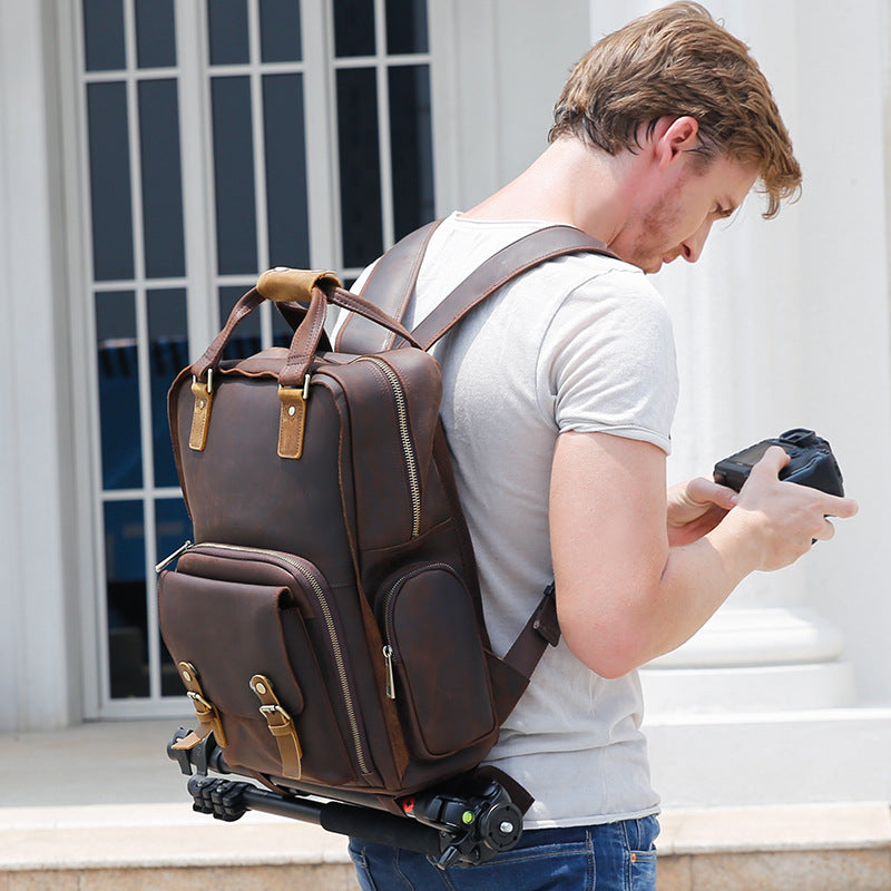 Vintage Leather Camera Backpack with 15.6" Laptop Compartment