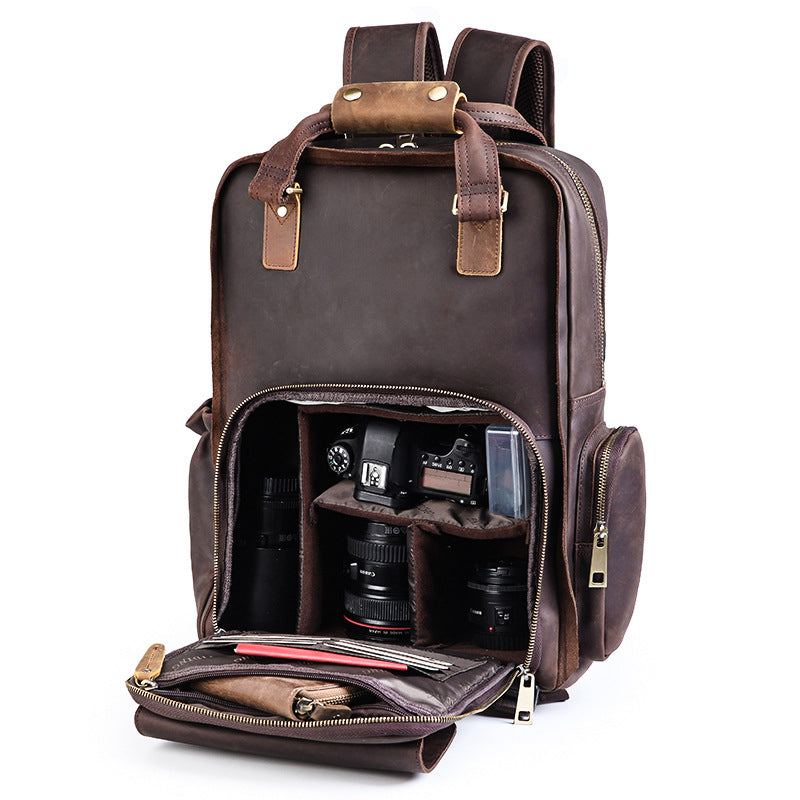 Vintage Leather Camera Backpack with 15.6" Laptop Compartment