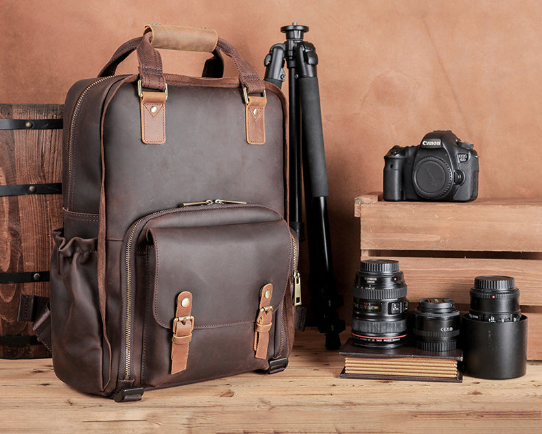 Vintage Leather Camera Backpack with 15.6" Laptop Compartment