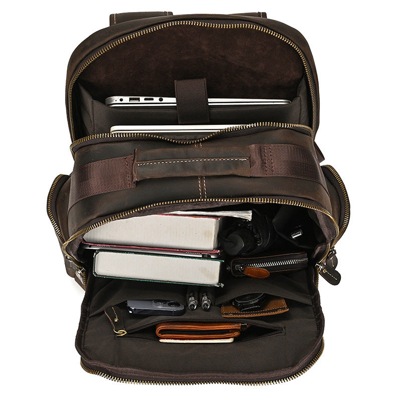 Men's Full-Grain Leather Travel Laptop Backpack