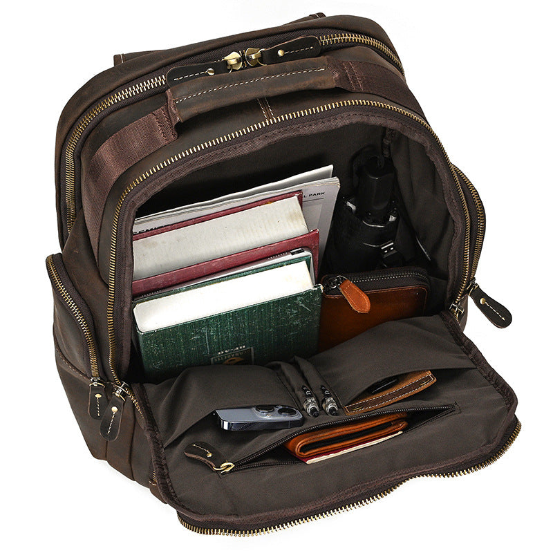 Men's Full-Grain Leather Travel Laptop Backpack
