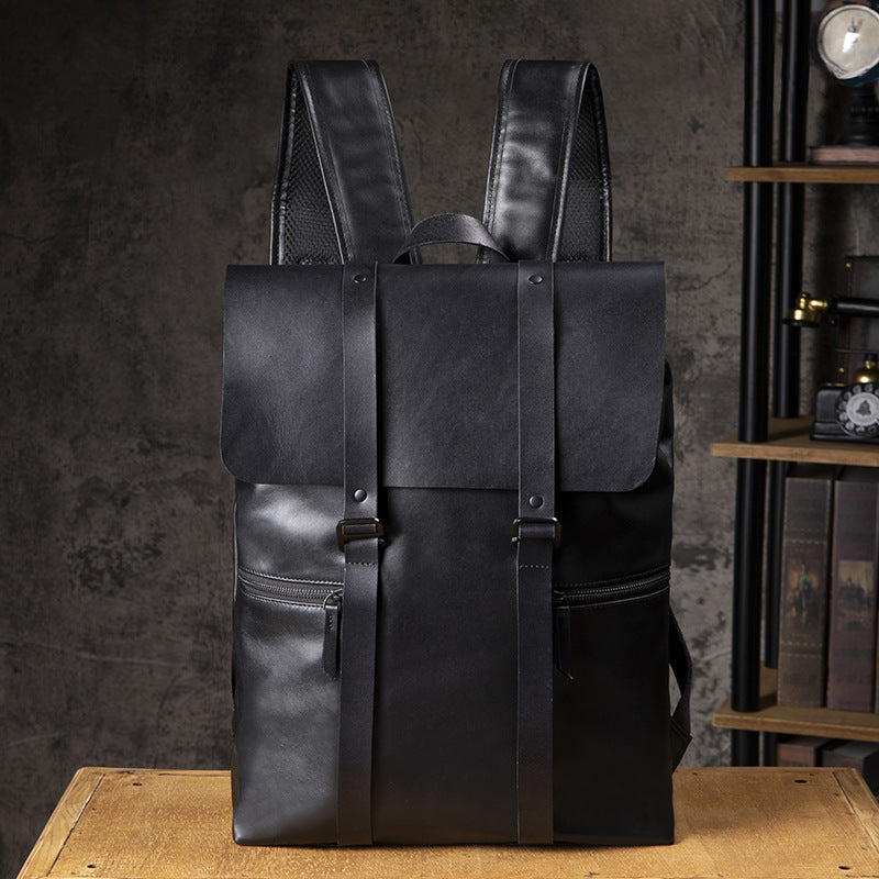Men's Handcrafted Black Leather Laptop Backpack
