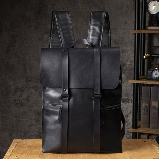 Men's Handcrafted Black Leather Laptop Backpack