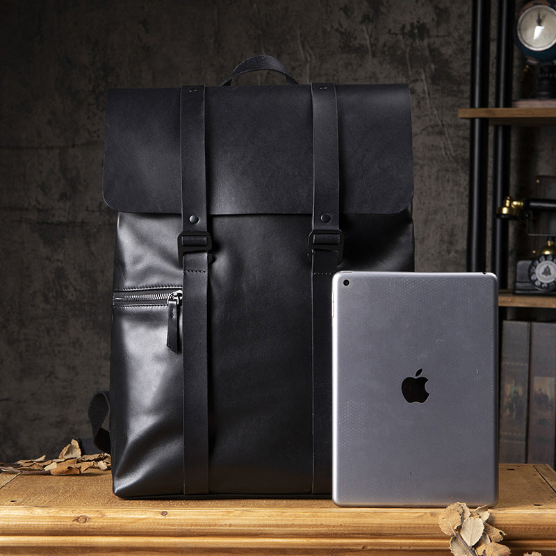 Men's Handcrafted Black Leather Laptop Backpack