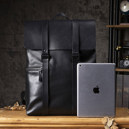 Men's Handcrafted Black Leather Laptop Backpack