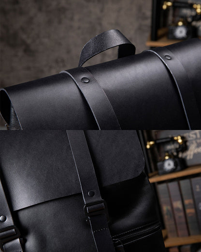 Men's Handcrafted Black Leather Laptop Backpack