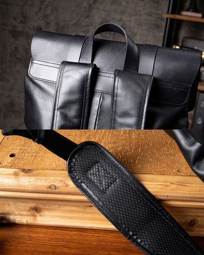 Men's Handcrafted Black Leather Laptop Backpack