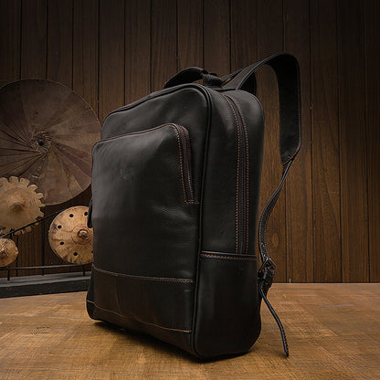 Men's Handcrafted Full-Grain Black Leather Backpack