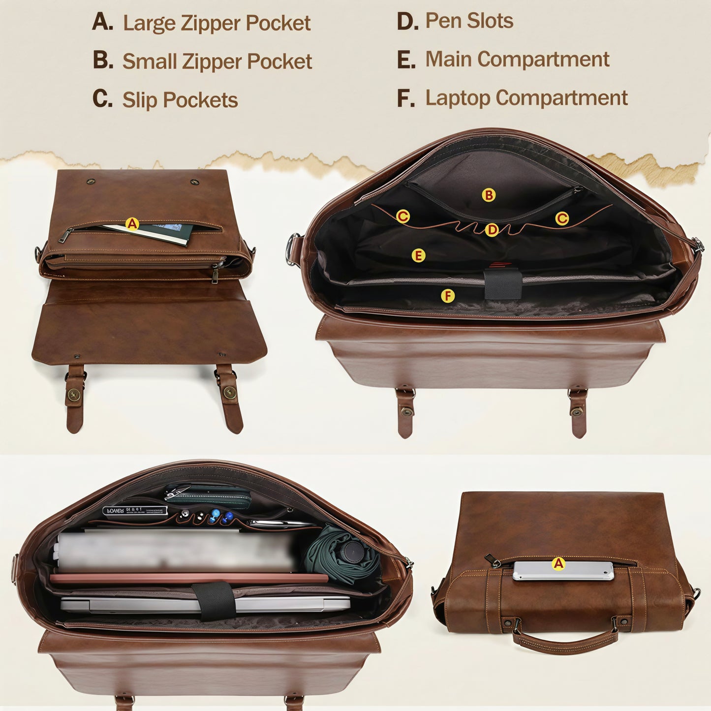 Men's Brown Leather Laptop Briefcase