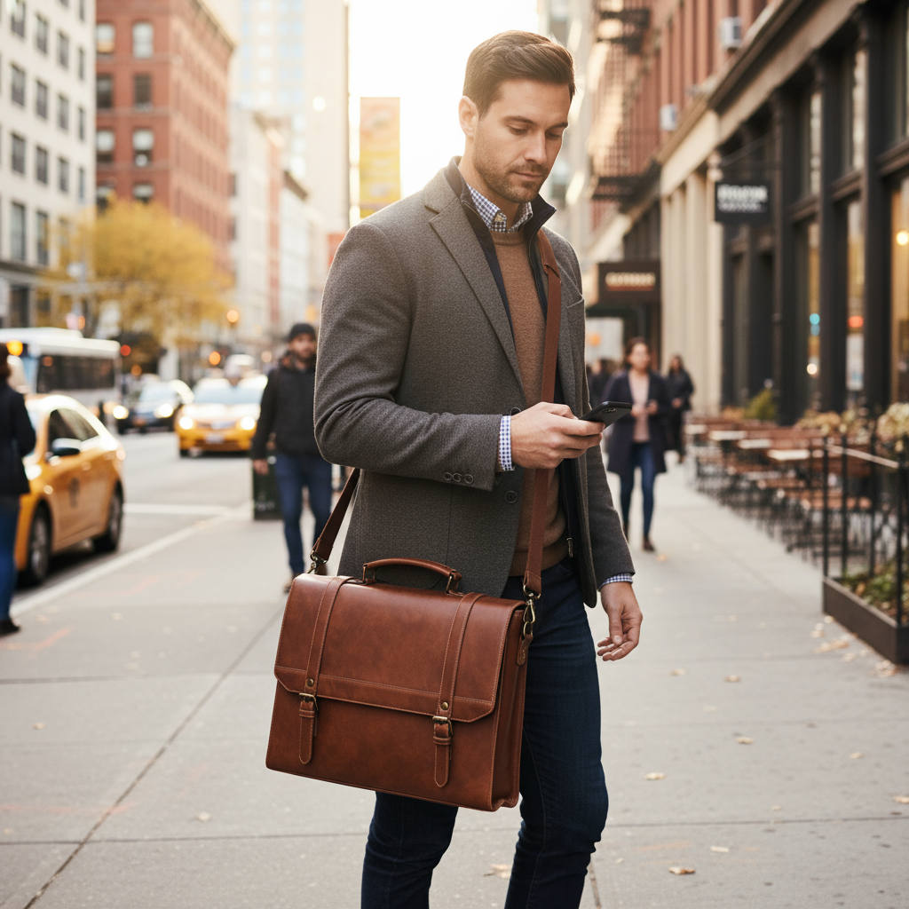 Men's Brown Leather Laptop Briefcase