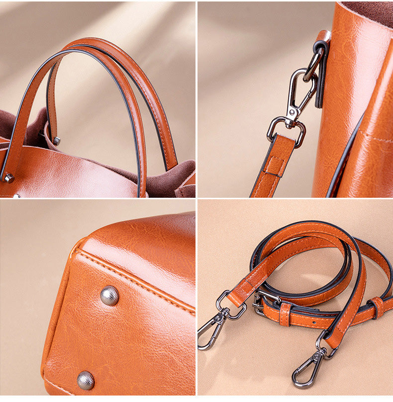 Women's Leather Shoulder Bucket Bag