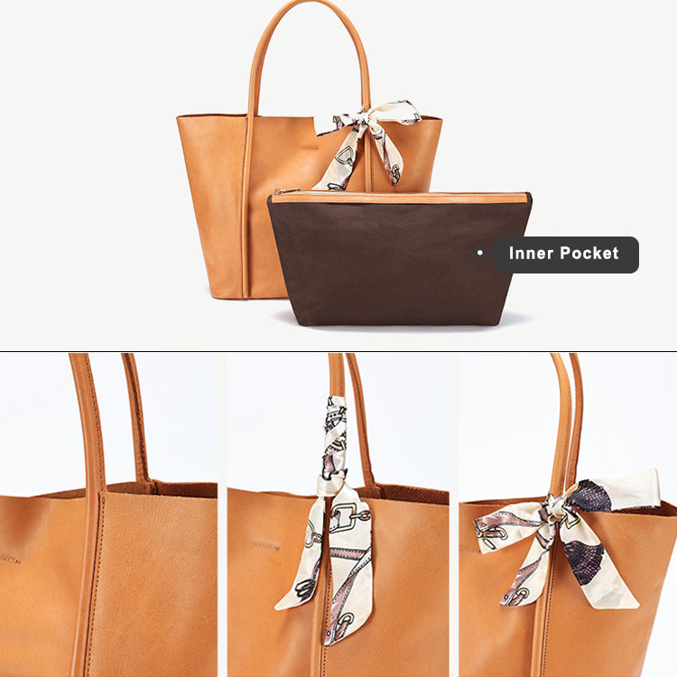 Vegetable Tanned Leather Tote Bag with Inner Pocket