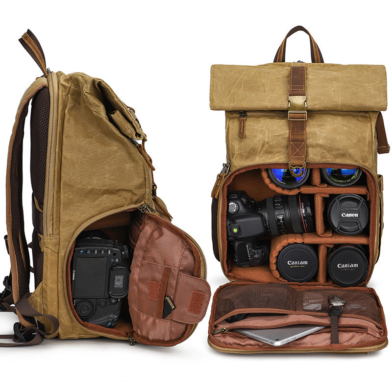 Vintage Leather & Waxed Canvas Camera Backpack