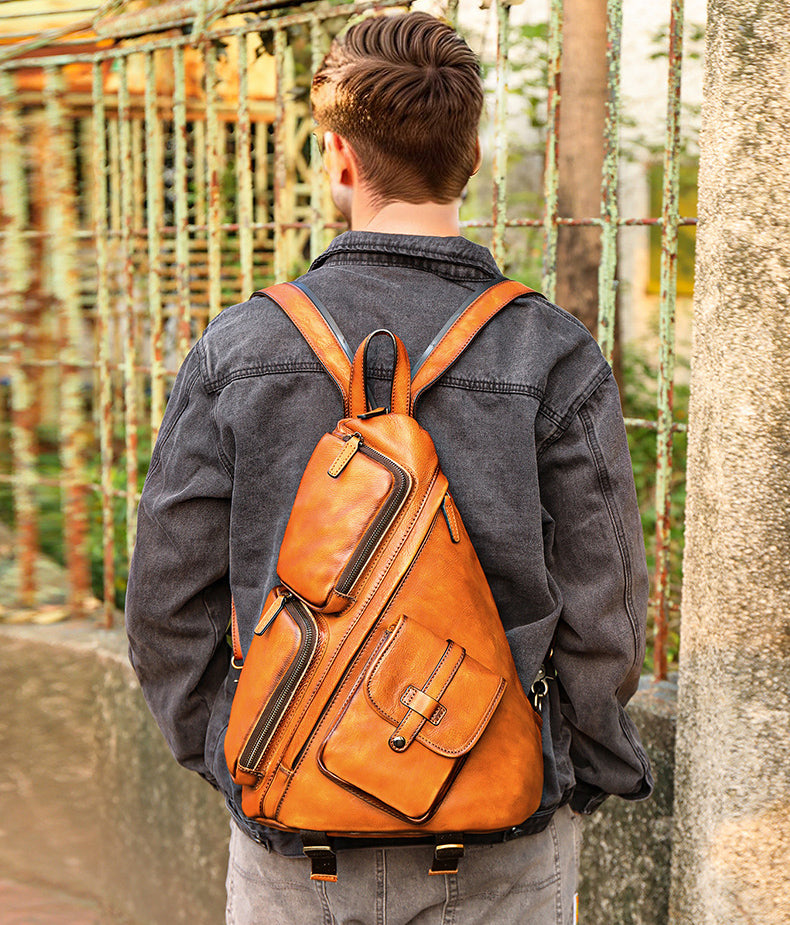 Vintage Leather Sling Bag Backpack, Brown