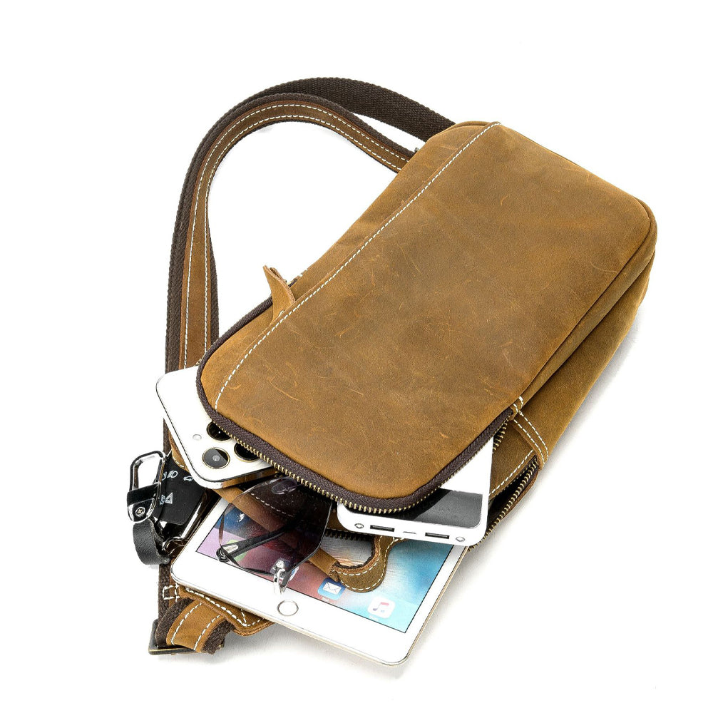 Leather Crossbody Sling Bag - Light Brown